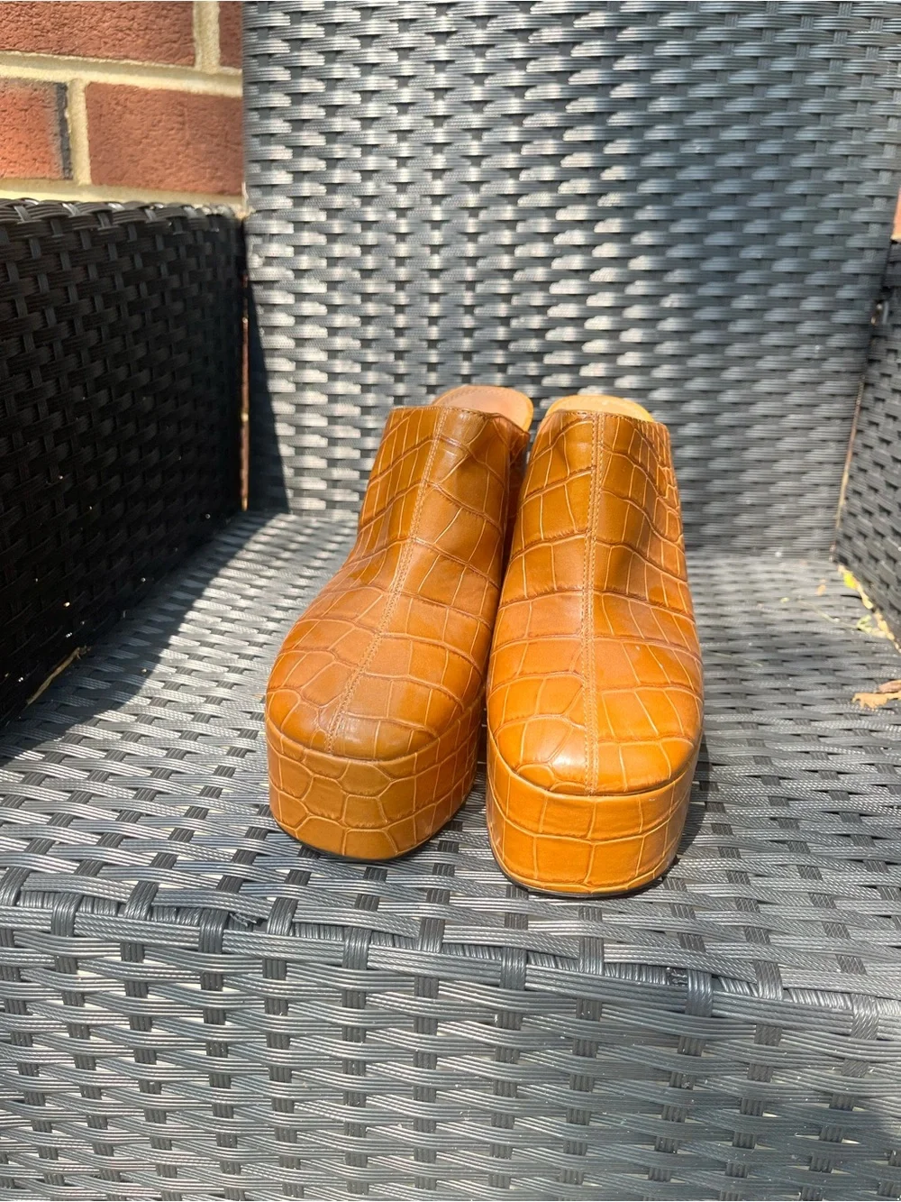 ASOS Croc-Embossed Platform Mule Heels in Cognac
